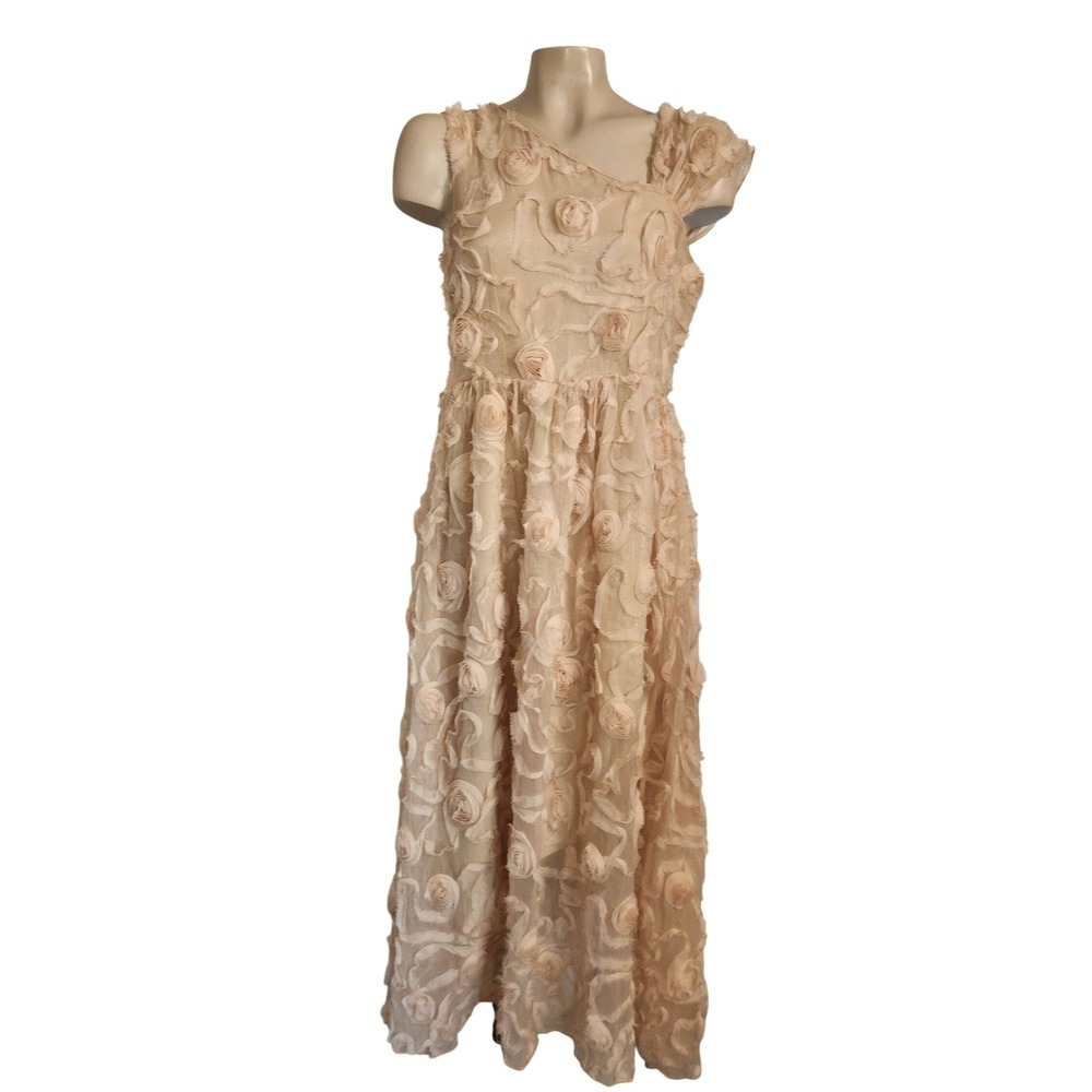 Luomeidisha NEW Nude 3D Rosette One Shoulder Maxi Dress M Beige wedding‎ prom